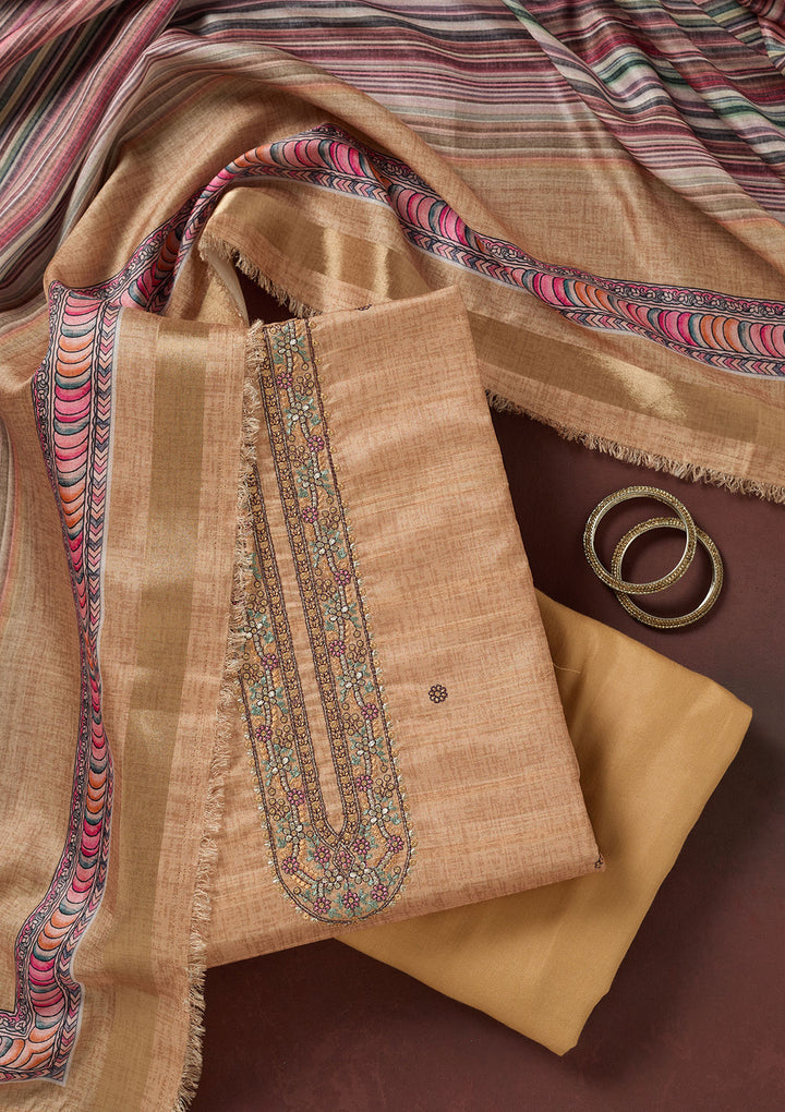 Beige Zariwork (Gold) Chanderi Unstitched Salwar Suit