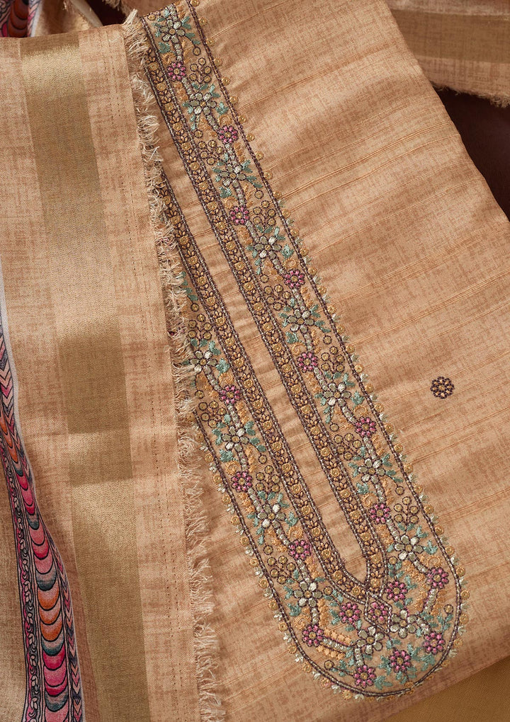Beige Zariwork (Gold) Chanderi Unstitched Salwar Suit