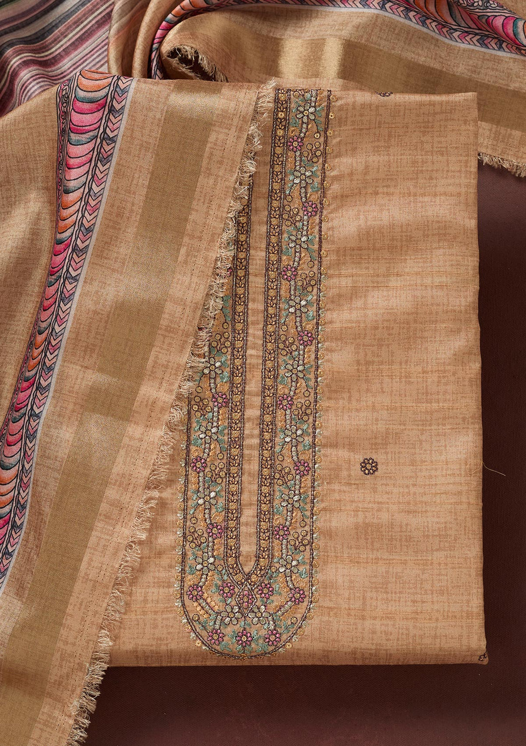 Beige Zariwork (Gold) Chanderi Unstitched Salwar Suit