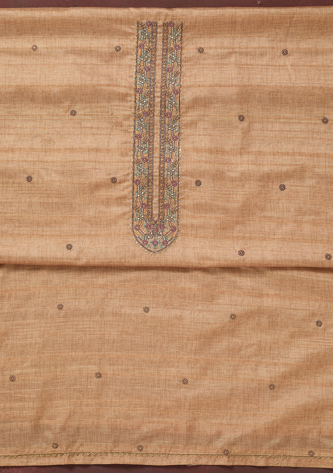 Beige Zariwork (Gold) Chanderi Unstitched Salwar Suit