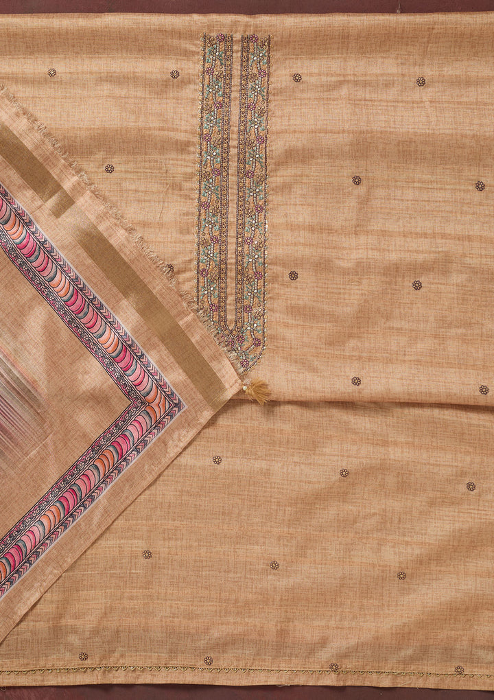 Beige Zariwork (Gold) Chanderi Unstitched Salwar Suit