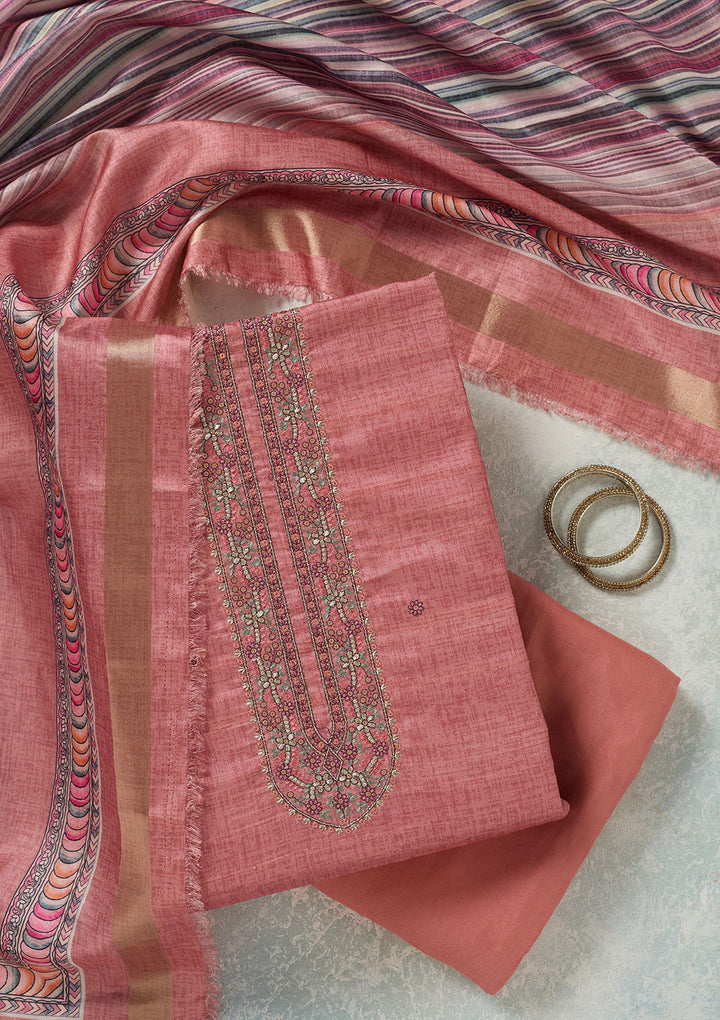 Onion Pink Threadwork Chanderi Unstitched Salwar Suit