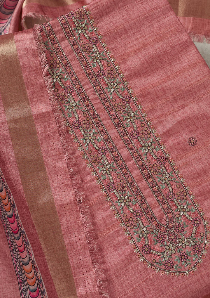 Onion Pink Threadwork Chanderi Unstitched Salwar Suit