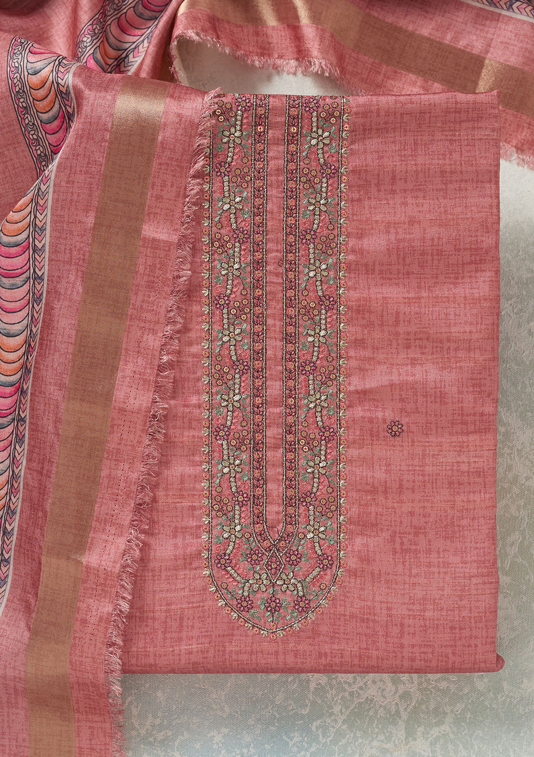 Onion Pink Threadwork Chanderi Unstitched Salwar Suit