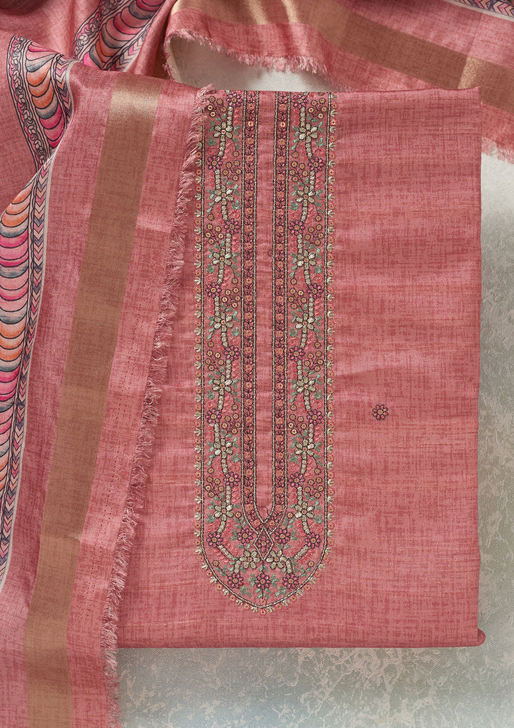 Onion Pink Threadwork Chanderi Unstitched Salwar Suit