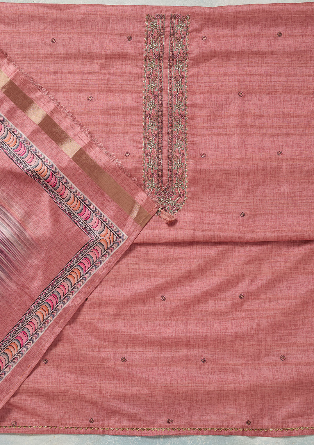 Onion Pink Threadwork Chanderi Unstitched Salwar Suit
