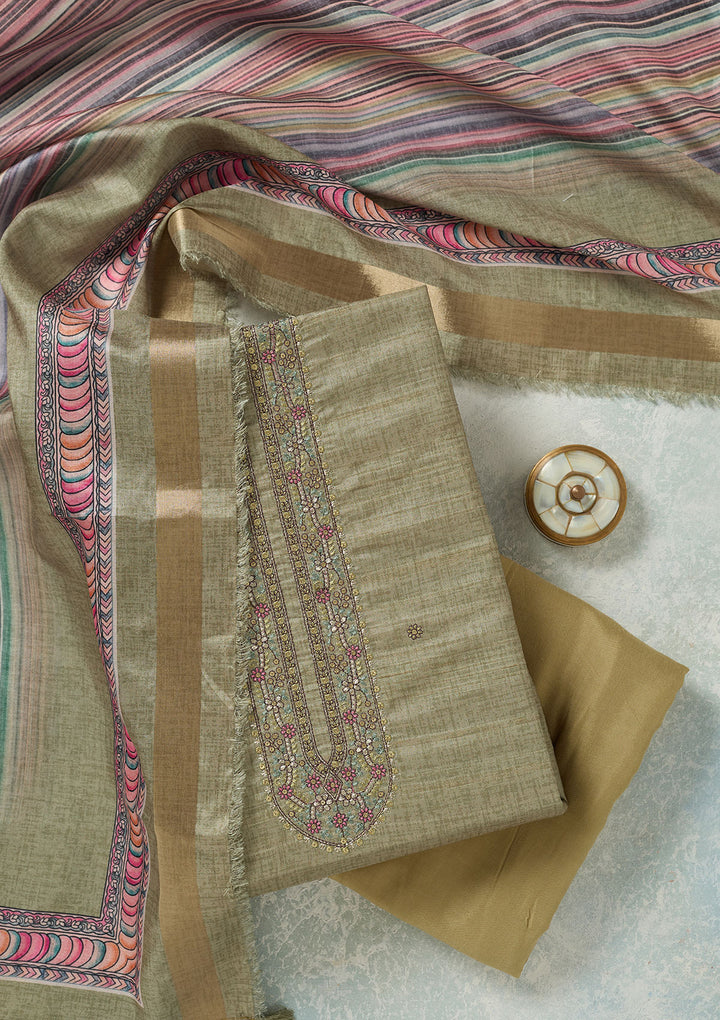 Pista Green Threadwork Chanderi Unstitched Salwar Suit