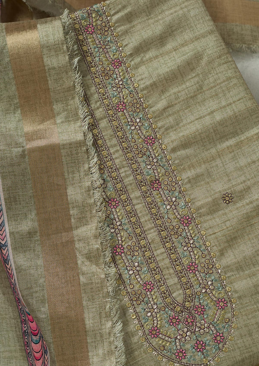 Pista Green Threadwork Chanderi Unstitched Salwar Suit