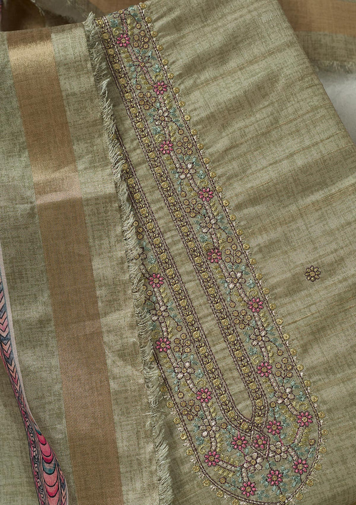Pista Green Threadwork Chanderi Unstitched Salwar Suit