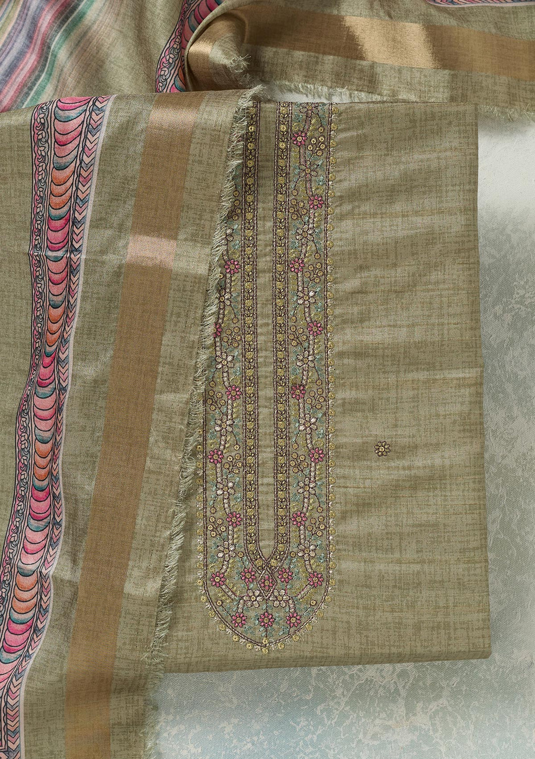 Pista Green Threadwork Chanderi Unstitched Salwar Suit