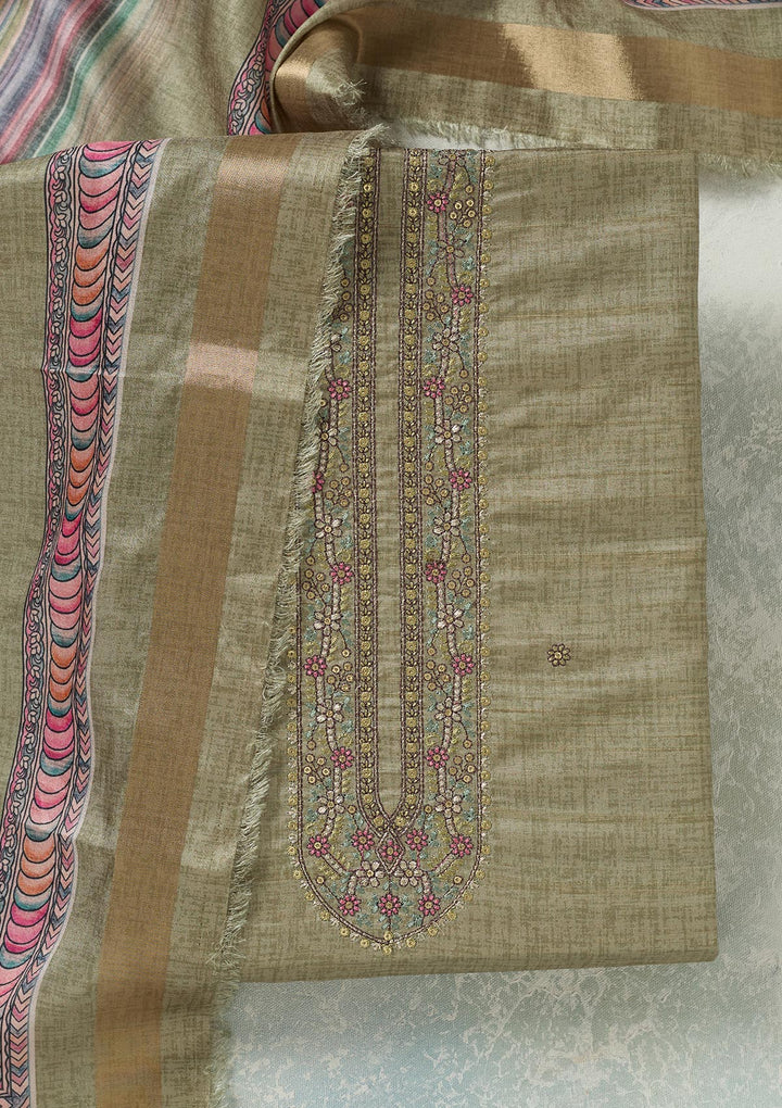 Pista Green Threadwork Chanderi Unstitched Salwar Suit