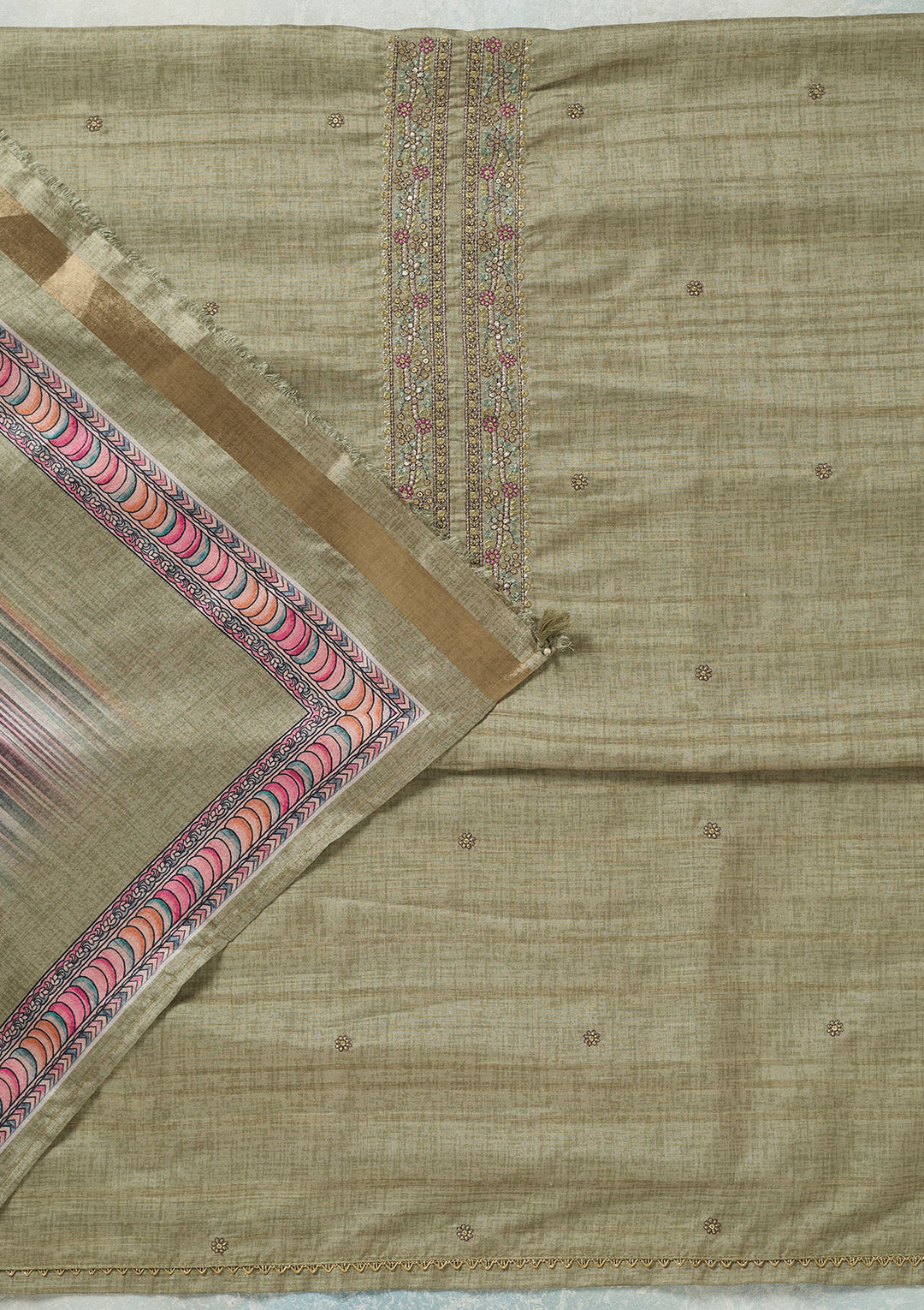 Pista Green Threadwork Chanderi Unstitched Salwar Suit