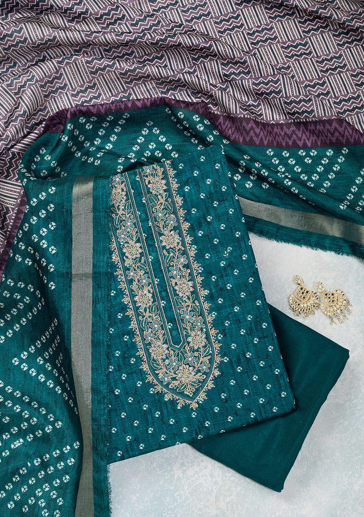 Peacock Blue Threadwork Organza Unstitched Salwar Suit