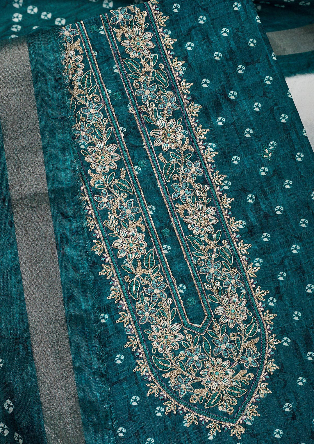 Peacock Blue Threadwork Organza Unstitched Salwar Suit
