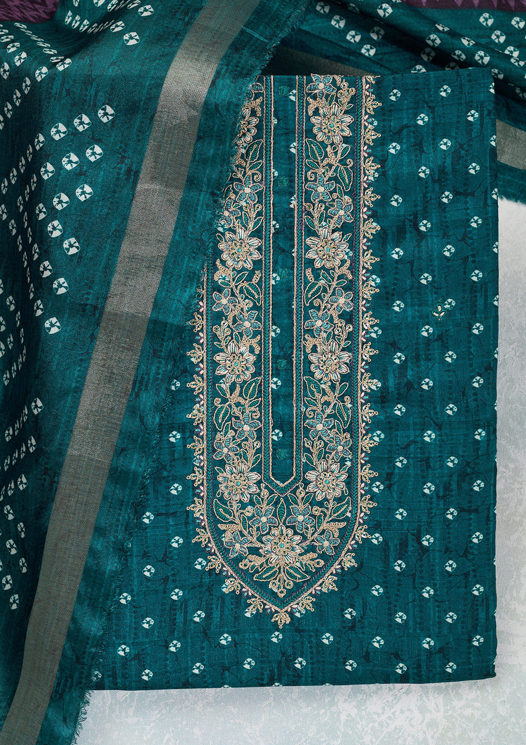 Peacock Blue Threadwork Organza Unstitched Salwar Suit