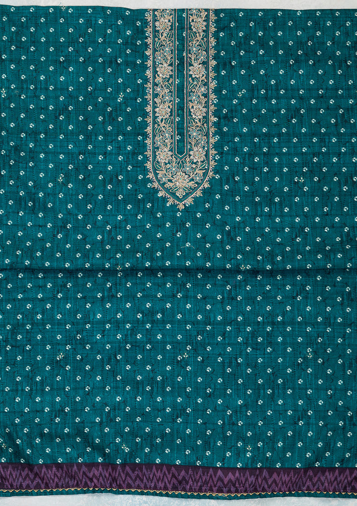 Peacock Blue Threadwork Organza Unstitched Salwar Suit