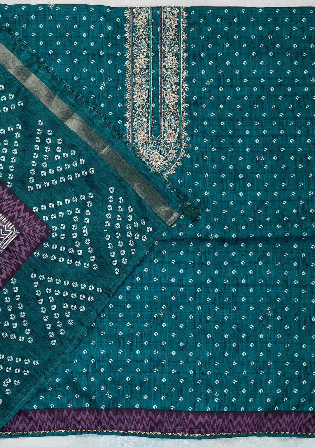 Peacock Blue Threadwork Organza Unstitched Salwar Suit