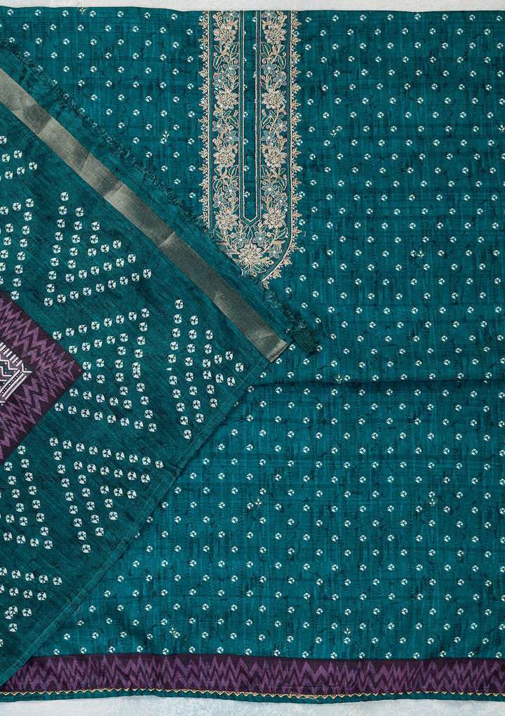 Peacock Blue Threadwork Organza Unstitched Salwar Suit
