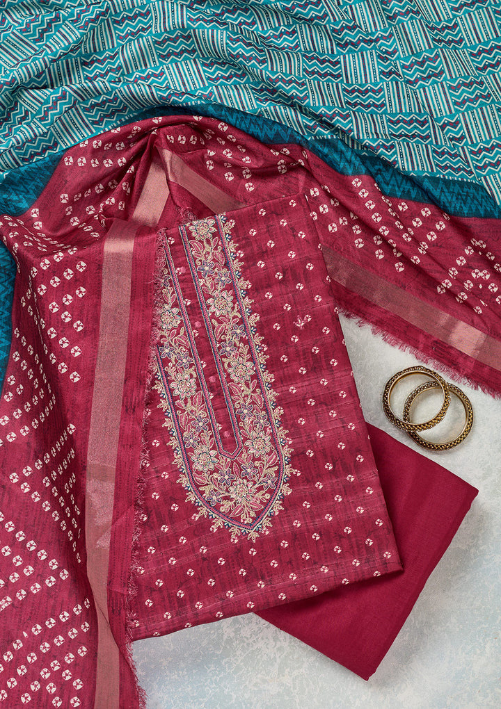 Pink Threadwork Organza Unstitched Salwar Suit