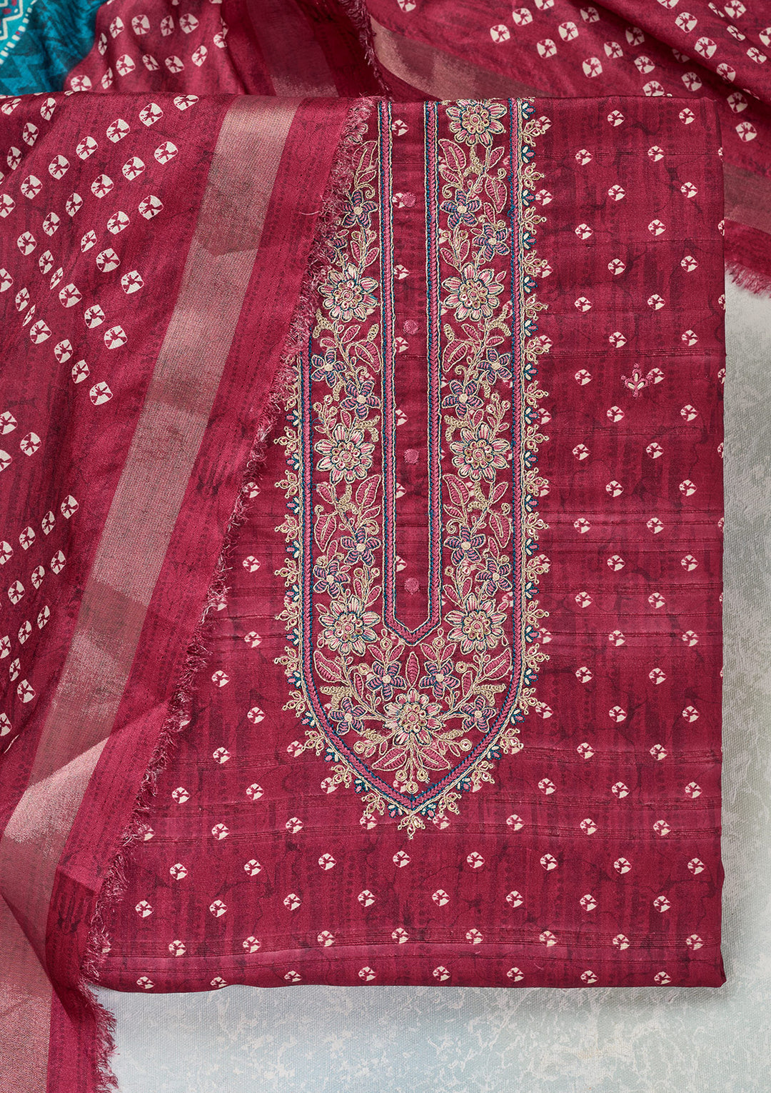 Pink Threadwork Organza Unstitched Salwar Suit
