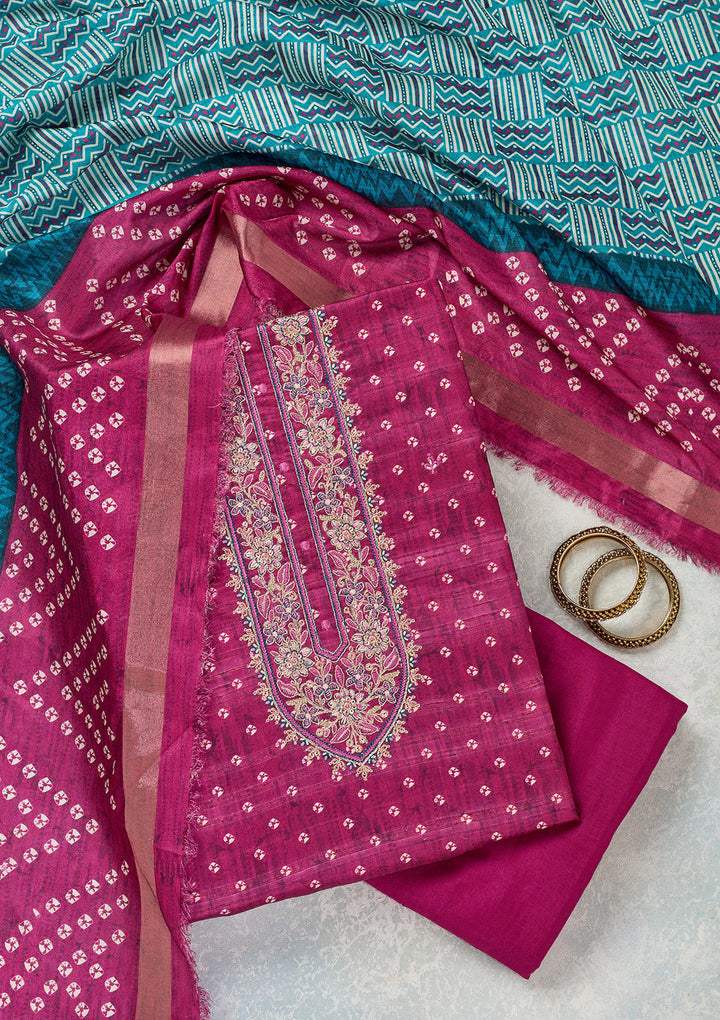 Wine Threadwork Organza Unstitched Salwar Suit