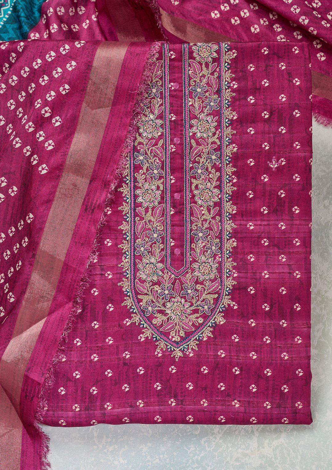 Wine Threadwork Organza Unstitched Salwar Suit