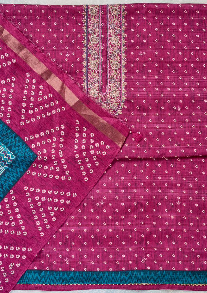 Wine Threadwork Organza Unstitched Salwar Suit