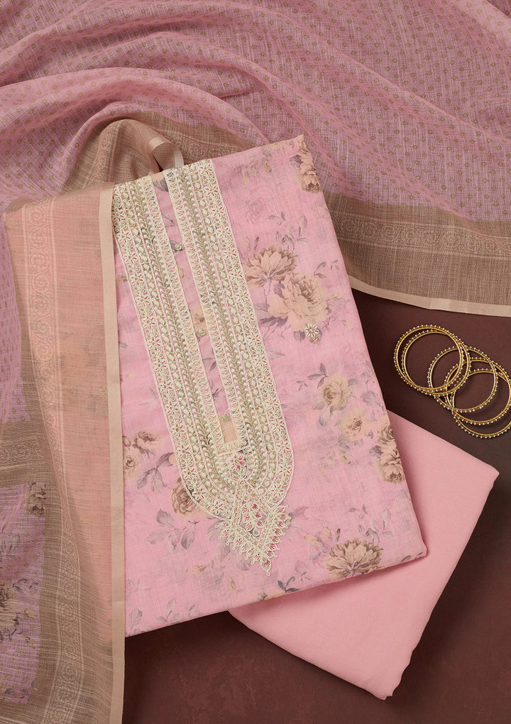 Baby Pink Threadwork Linen Unstitched Salwar Suit