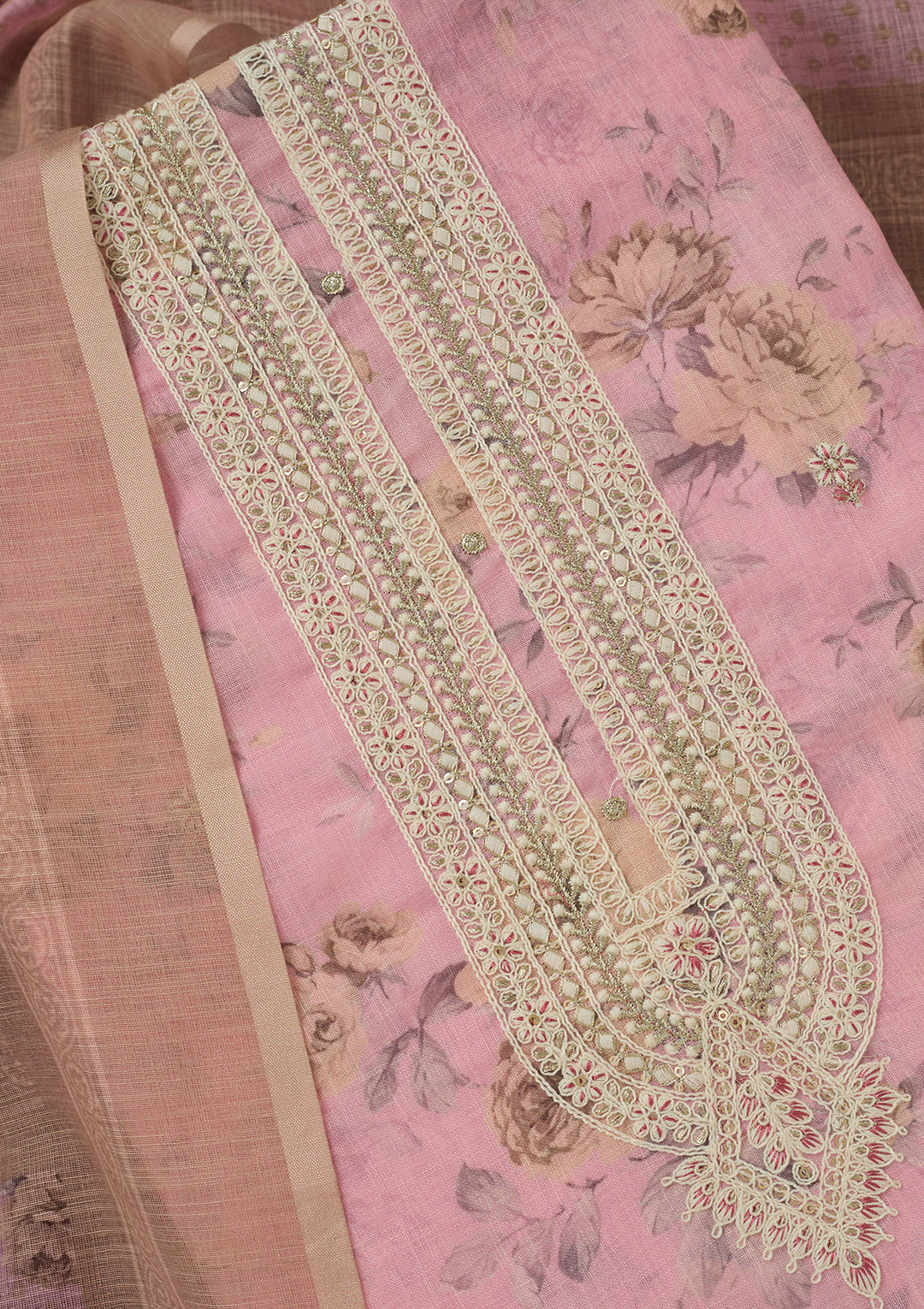 Baby Pink Threadwork Linen Unstitched Salwar Suit