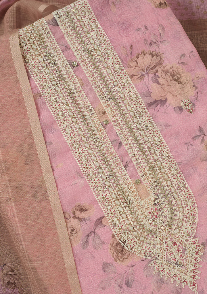 Baby Pink Threadwork Linen Unstitched Salwar Suit