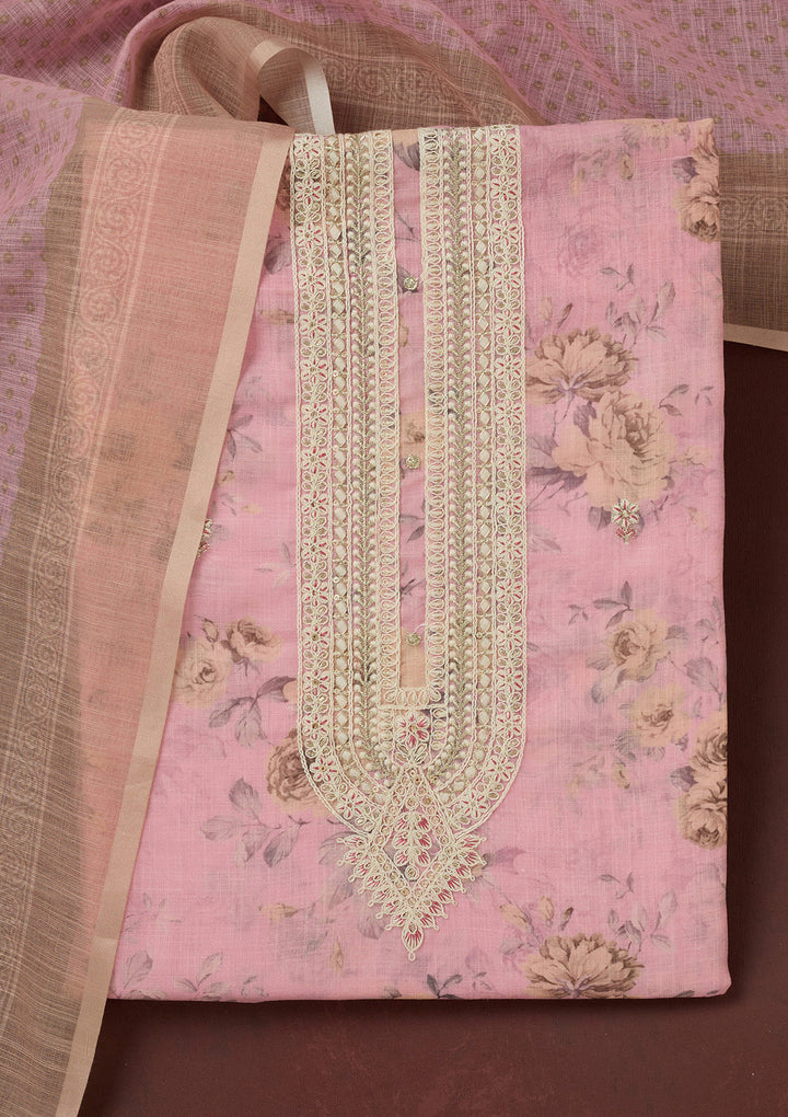 Baby Pink Threadwork Linen Unstitched Salwar Suit