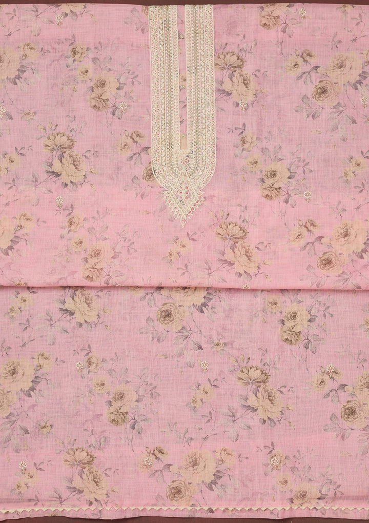 Baby Pink Threadwork Linen Unstitched Salwar Suit