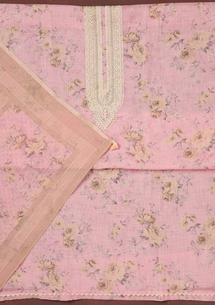 Baby Pink Threadwork Linen Unstitched Salwar Suit