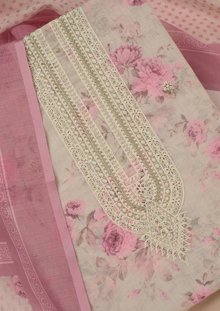 Cream Threadwork Linen Unstitched Salwar Suit