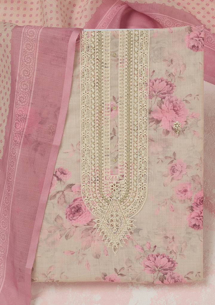 Cream Threadwork Linen Unstitched Salwar Suit