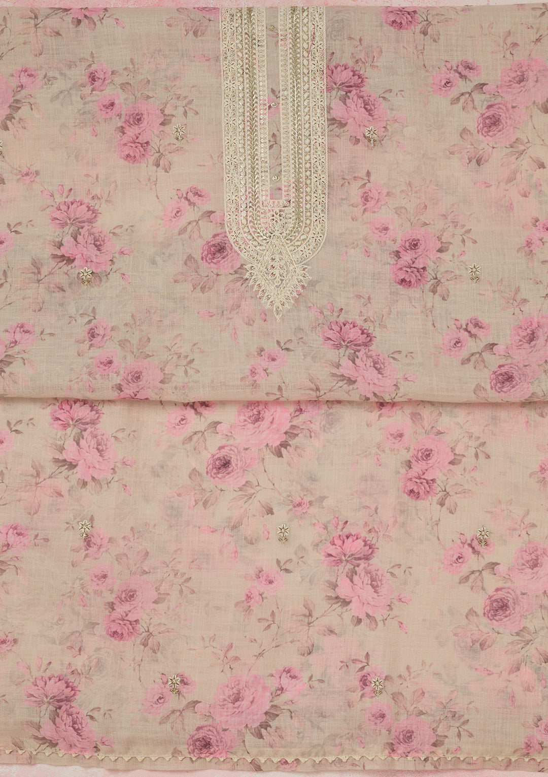 Cream Threadwork Linen Unstitched Salwar Suit
