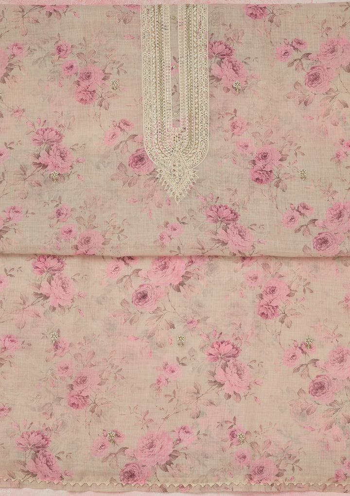 Cream Threadwork Linen Unstitched Salwar Suit
