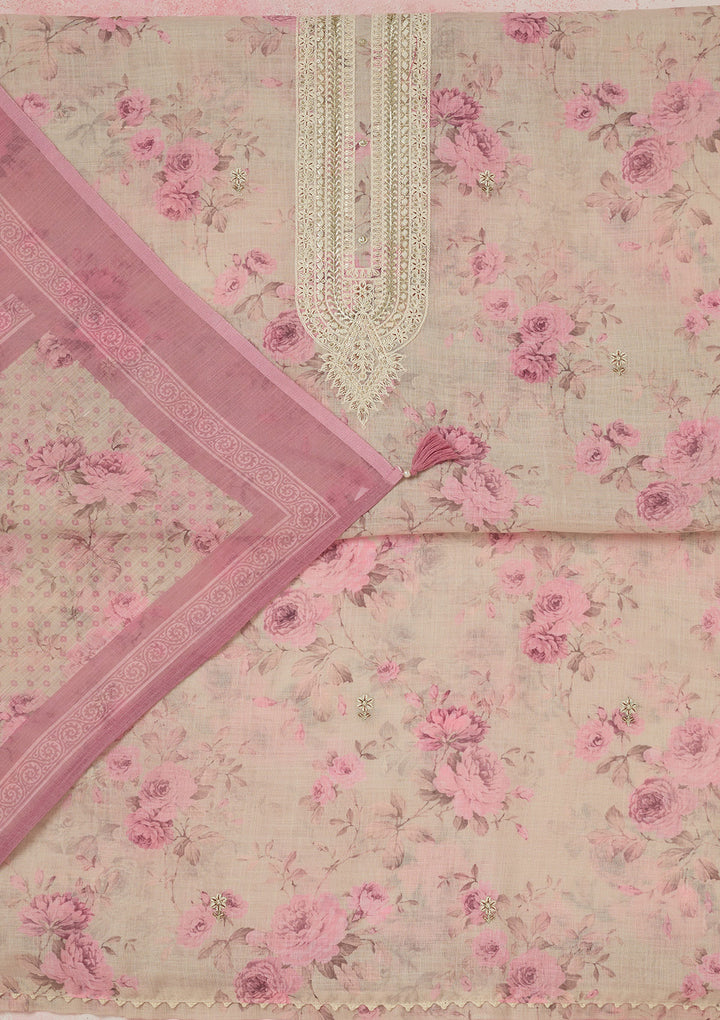 Cream Threadwork Linen Unstitched Salwar Suit