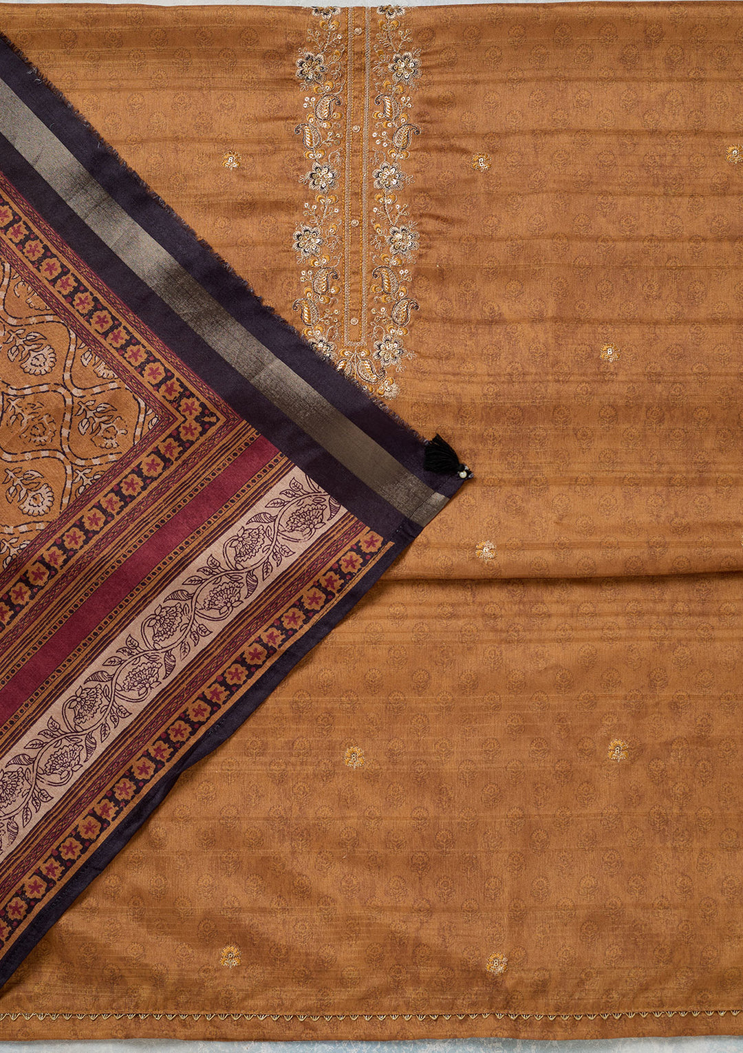 Mustard Threadwork Chanderi Unstitched Salwar Suit