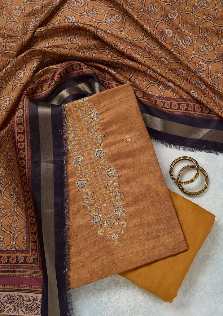 Mustard Threadwork Chanderi Unstitched Salwar Suit