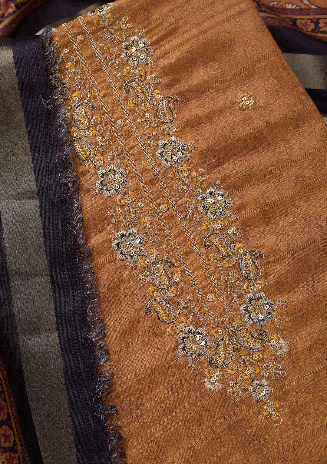 Mustard Threadwork Chanderi Unstitched Salwar Suit