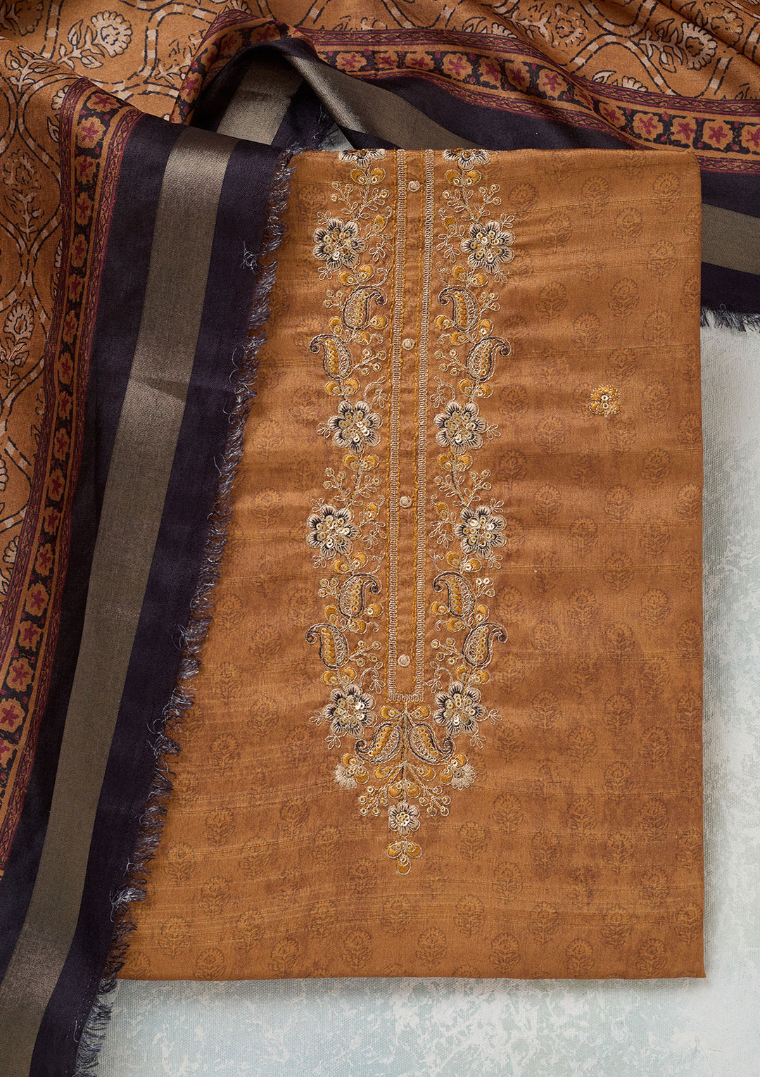 Mustard Threadwork Chanderi Unstitched Salwar Suit
