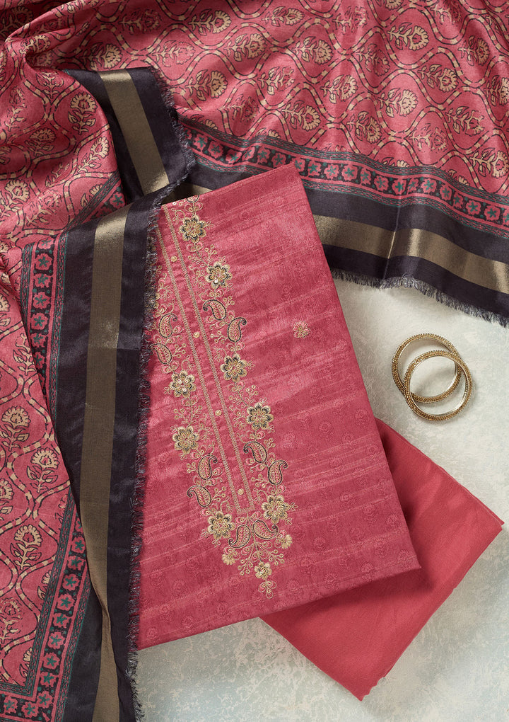 Onion Pink Threadwork Chanderi Unstitched Salwar Suit