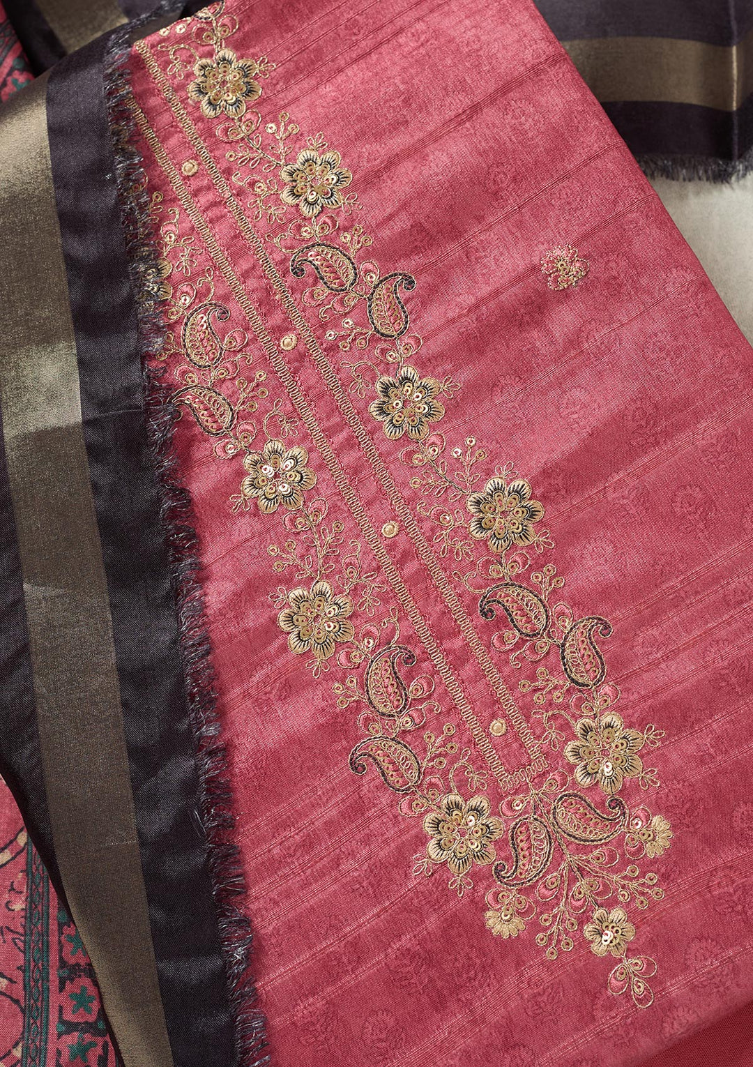 Onion Pink Threadwork Chanderi Unstitched Salwar Suit