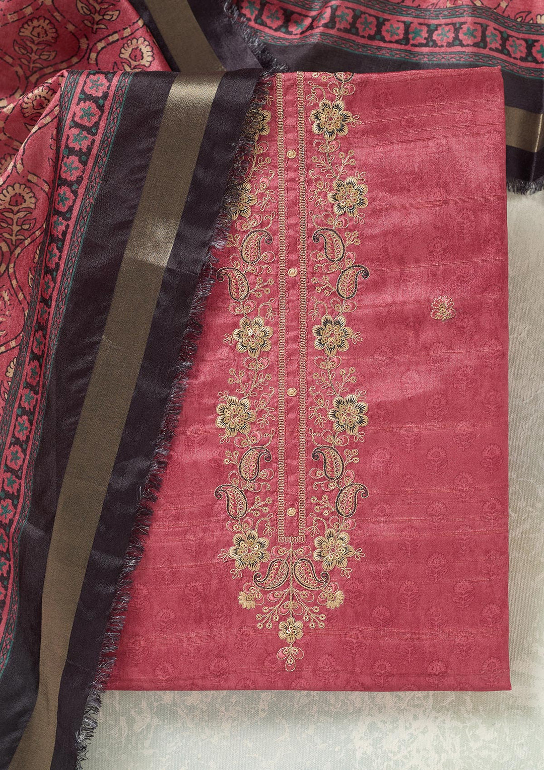 Onion Pink Threadwork Chanderi Unstitched Salwar Suit
