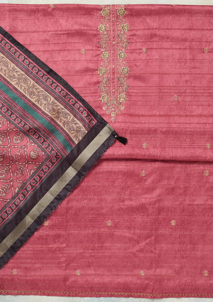 Onion Pink Threadwork Chanderi Unstitched Salwar Suit