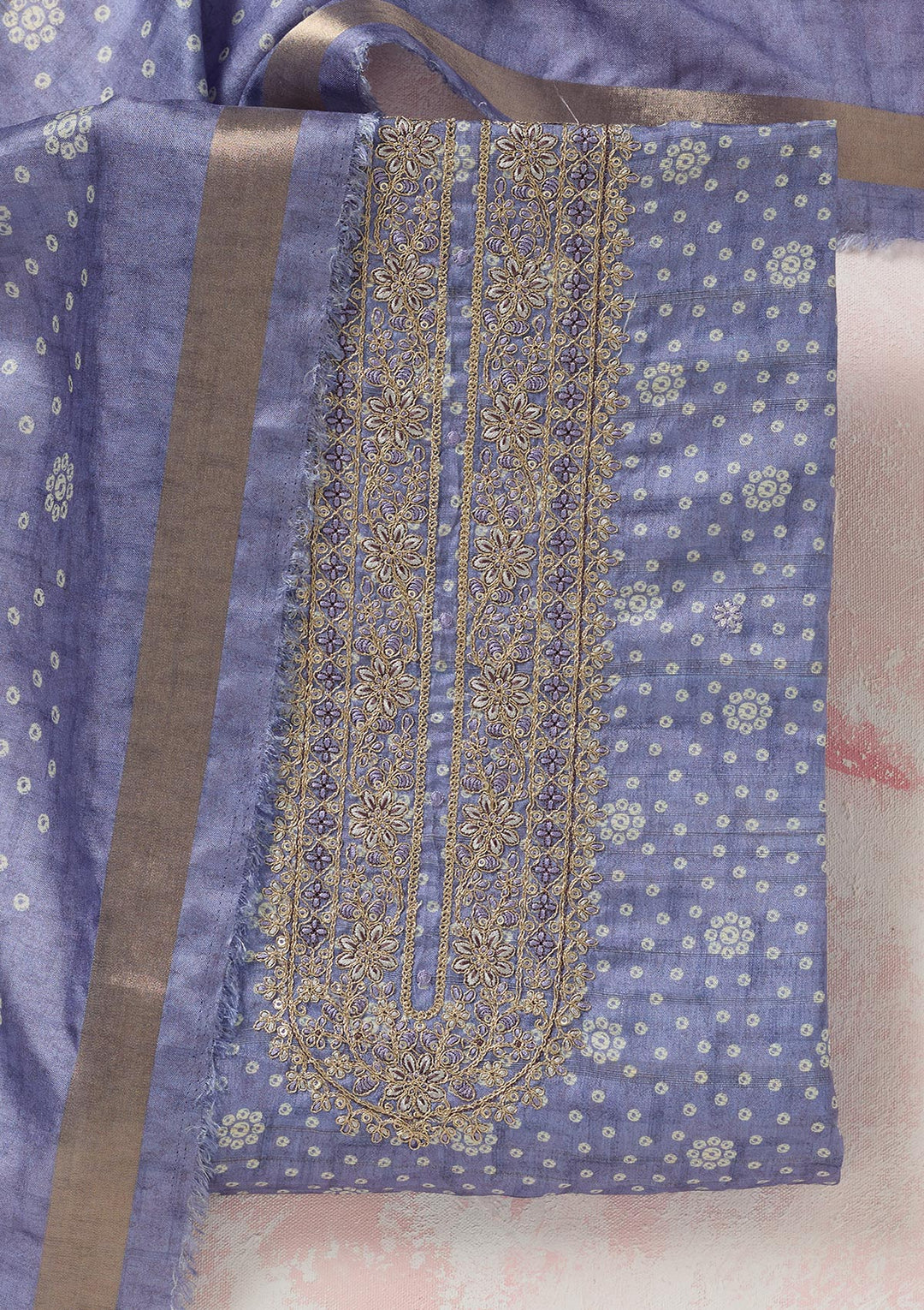 Blue Zariwork (Gold) Chanderi Unstitched Salwar Suit