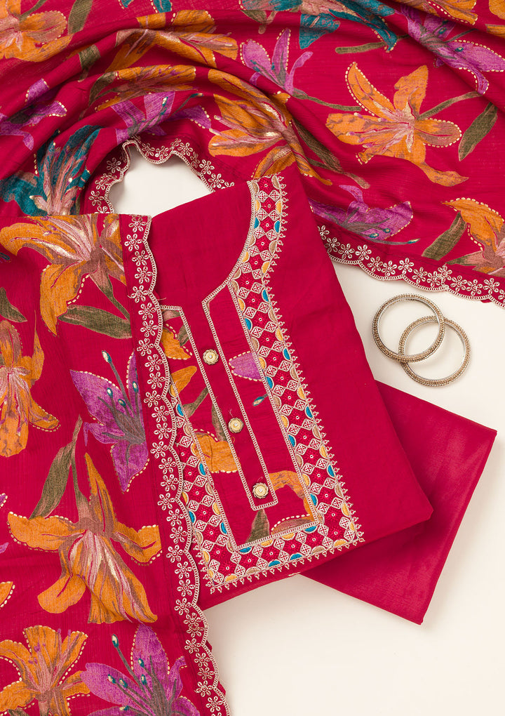 Maroon Zariwork Dola Silk Unstitched Salwar Suit