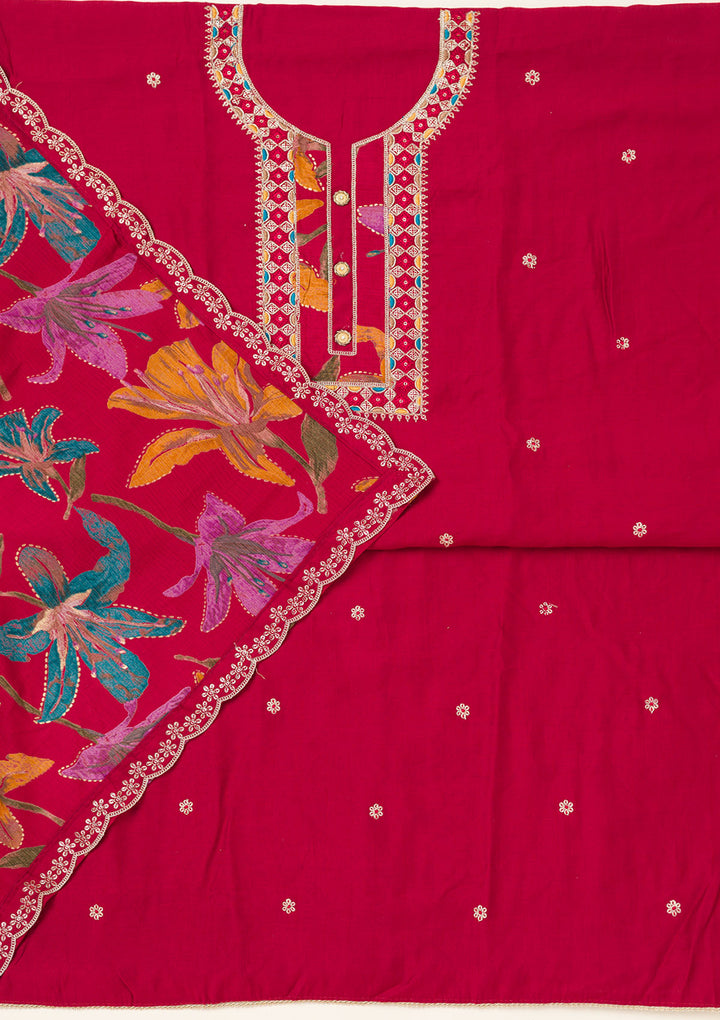 Maroon Zariwork Dola Silk Unstitched Salwar Suit