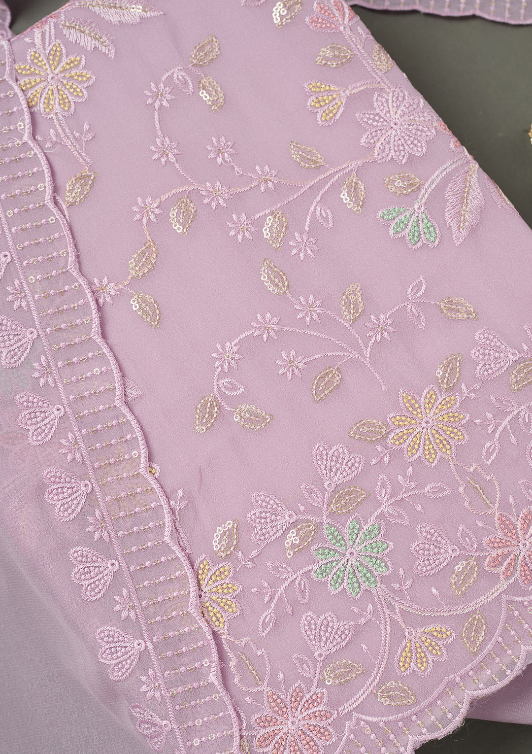 Lavender Thread Embroidery Semi Crepe Unstitched Salwar Suit